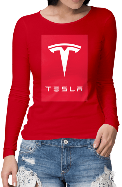 Жіночий лонгслів з принтом "Tesla". Авто, бренд, ілон маск, логотип, тесла. CustomPrint.market
