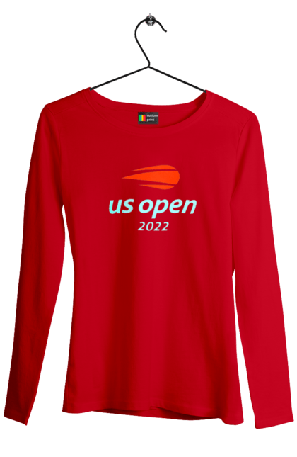 Жіночий лонгслів з принтом "Тенісний турнір US Open 2022". Великий теніс, відкритий чемпіонат, гравці, м`яч, нью йорк, призовий фонд, ракетка, турнір на ґрунті, хард, чемпіонат америки. aslan