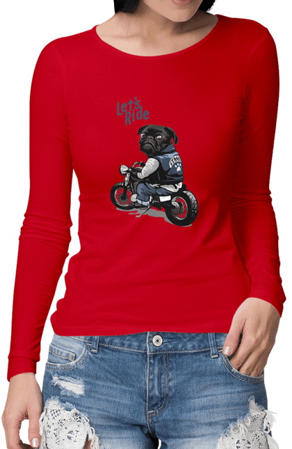Жіночий лонгслів з принтом "Мопс на мотоциклі". Байкер, мопс, мотоцикл, собака, тварини. CustomPrint.market