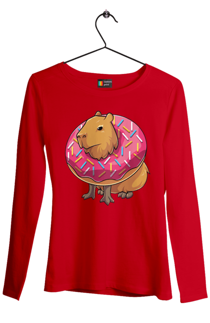 Жіночий лонгслів з принтом "Капібара". Capybara, капибара, капібара, копибара, копіпара, пончик. PrintMarket - інтернет-магазин одягу та аксесуарів з принтами плюс конструктор принтів - створи свій унікальний дизайн
