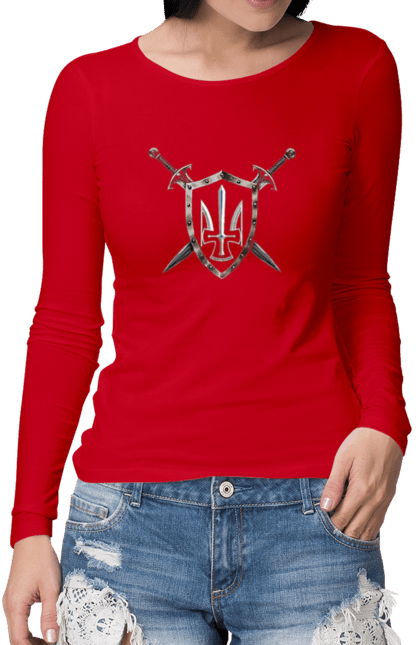 Жіночий лонгслів з принтом "Тризуб". Герб, меч, символика, трезубец, щит. Milkstore