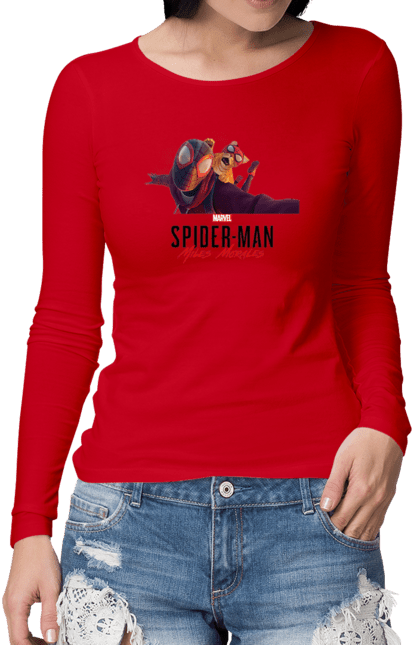 Жіночий лонгслів з принтом "Людина Павук Майлз Моралес". Кіт людини павука, людина, людина павук, майлз моралес, павук. CustomPrint.market