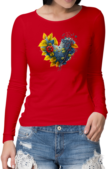 Жіночий лонгслів з принтом "Калина та червоний мак у вигляді серця". Калина, квіти, прапор україни, серце, символ україни, символи україни, україна, червоний мак. futbolka.stylus.ua
