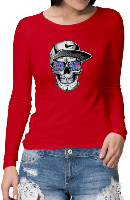 Жіночий лонгслів з принтом "Череп в кепці". Кепка, логотип, найк, окуляри, посмішка, череп. futbolka.stylus.ua
