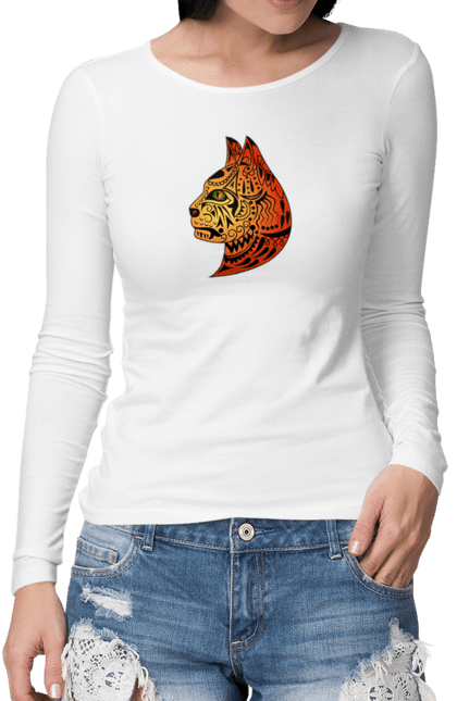 Жіночий лонгслів з принтом "Дика кішка 2". Абстрактно, авторский, декоративный, дизайн, дикая, емблема, кошка, креативный, леопард, оригинальный, стильный, футболки, яркий. CustomPrint.market