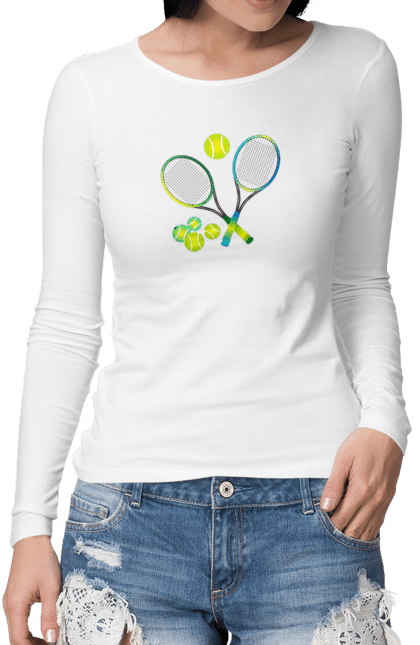 Жіночий лонгслів з принтом "Теніс великий". Великий теніс, гравці, грунт, лондон, м`яч, призовий фонд, ракетка, спонсор, турнір на ґрунті, турнірна сітка. aslan