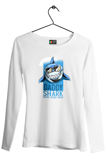 Жіночий лонгслів з принтом "Daddy Shark". Dad, daddy, батька, батько, батя, день, день батька, зять, коханий чоловік, мужик, папа, папулечка, подарунок, свято, улюблений, чоловік, яжбати. PrintMarket - інтернет-магазин одягу та аксесуарів з принтами плюс конструктор принтів - створи свій унікальний дизайн