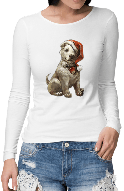 Жіночий лонгслів з принтом "Зимовий собака з новорічною шапкою". Зима, новий рік, різдво, сніг, собака. CustomPrint.market