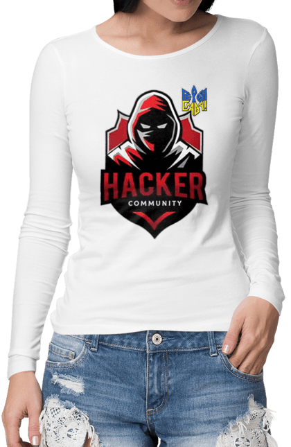 Жіночий лонгслів з принтом "ХАКЕР спільнота". Зломщик, комп`ютерний зломщик, програміст, суспільства, хакер, хакер спільнота, ярпринт. futbolka.stylus.ua