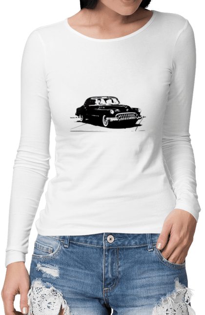 Жіночий лонгслів з принтом "Авто.6". Авто, графіка, малюнок, ретро авто, чорно-білий. CustomPrint.market
