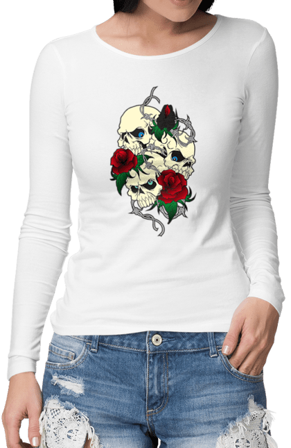 Жіночий лонгслів з принтом "Черепа з трояндами". Зуби, квіти, кістки, листя, очі, троянда, троянди, череп, шипи. 2070702
