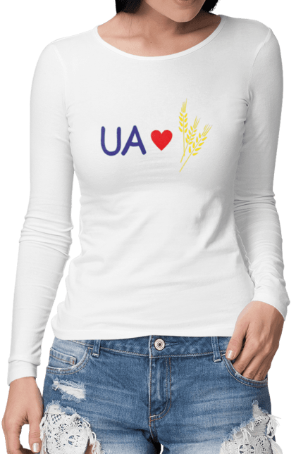 Жіночий лонгслів з принтом "Люблю Україну". Букви, жовтий, колоски, люблю, патриот, прапор, пшениця, серце, синий, україна, червоний, юа. futbolka.stylus.ua
