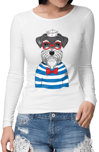 Жіночий лонгслів з принтом "Собака моряк". Матроська, море, моряк, окуляри, собака. futbolka.stylus.ua