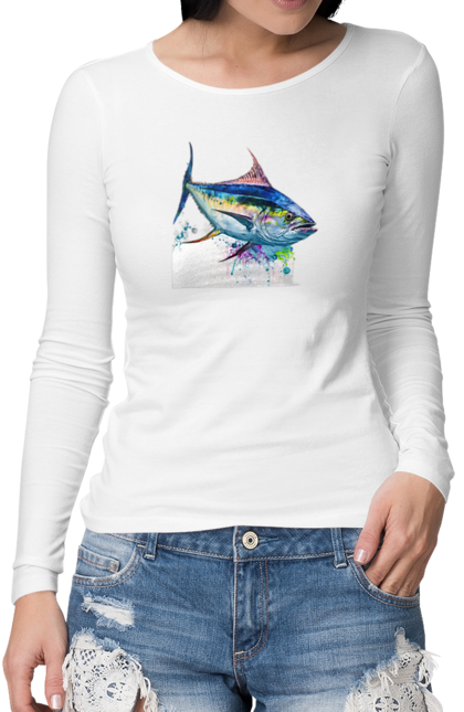 Жіночий лонгслів з принтом "Тунец риба кольорова". Арт, кольорова, риба, тварини, тунец. CustomPrint.market