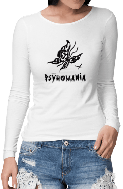 Жіночий лонгслів з принтом "Psyhomania Black". Psyho, готика, гранж, графіті, малюнок, метелик, психо, рок, хіпі. CustomPrint.market