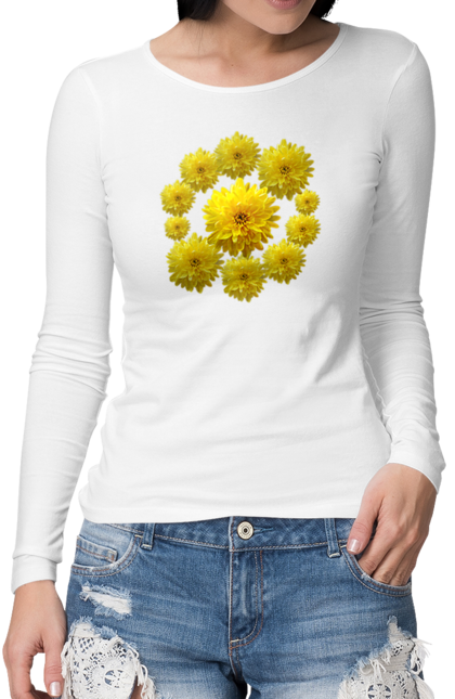 Жіночий лонгслів з принтом "Хризантеми жовті". Квіти, літо, подарунок, природа, рослини, хризантеми. futbolka.stylus.ua