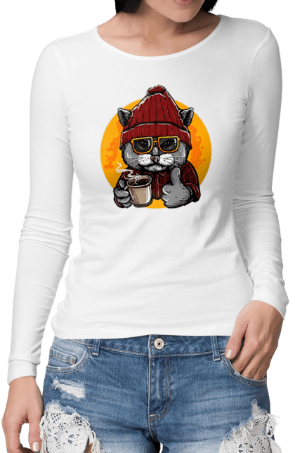 Жіночий лонгслів з принтом "Кот в шапці і з чашкою кави". Зима, кава, кіт, осінь, холод, чашка, шапка. futbolka.stylus.ua