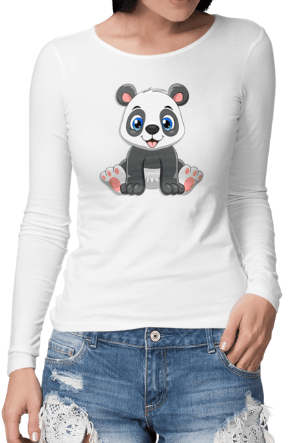 Жіночий лонгслів з принтом "Веселий Панда". Ведмідь, веселий панда, дитячі, панда, тварини. CustomPrint.market