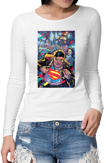 Жіночий лонгслів з принтом "Супермен". Action, comics, detective comics, superheroes, superman. futbolka.stylus.ua