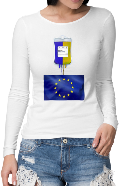 Жіночий лонгслів з принтом "Українська кров". Донор європи, європа, євросоюз, інтеграція, кандидат, ми захищаємо європу, ми разом, новий лого, україна, шлях до європи. CustomPrint.market