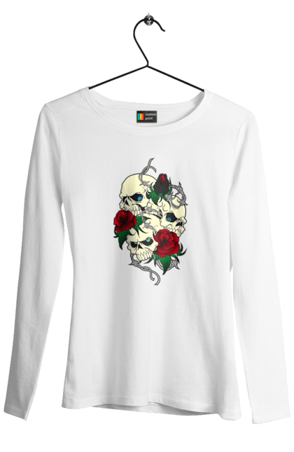 Women's longsleeve with prints Skulls with roses. Bones, eyes, flowers, leaves, rose flower, roses, scull, spikes, teeth. 2070702