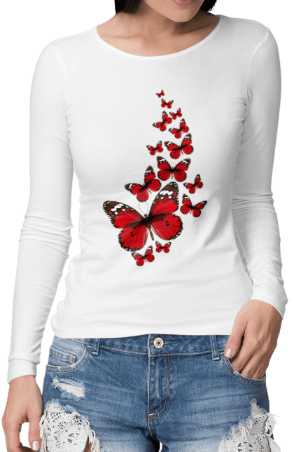 Жіночий лонгслів з принтом "Червоні Метелики Відлітають". Літати, метелик, червона метелик. CustomPrint.market