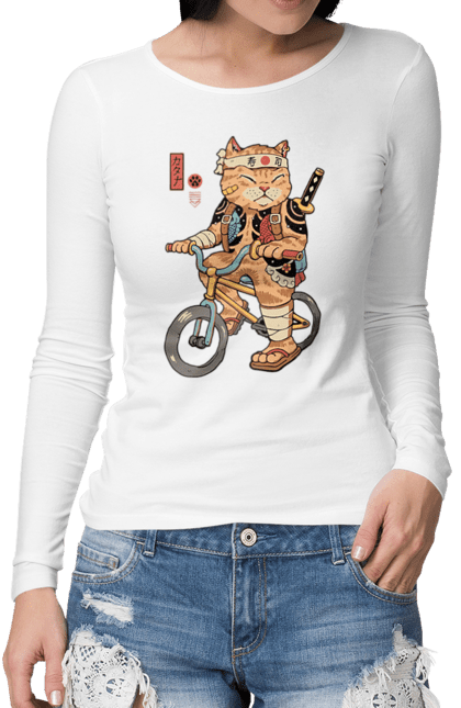 Жіночий лонгслів з принтом "Кіт на велосипеді". Велосипед, кинжал, китайський кіт, кіт, самурай, шабля, японський кіт. CustomPrint.market
