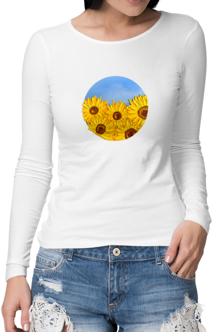 Жіночий лонгслів з принтом "Соняшники". Війна, квіти, прапор, соняшники, україна. CustomPrint.market