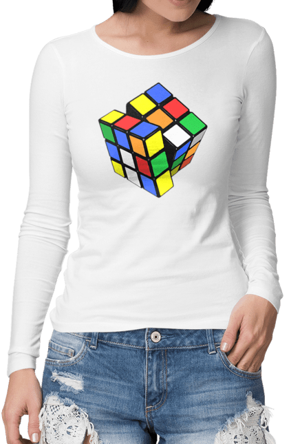 Жіночий лонгслів з принтом "Кубик Рубика". Головоломка, гра, дозвілля, іграшка, кубик, кубик рубика, різнокольоровий, розвага, рубик, рубика, яскравий. KRUTO.  Магазин популярних футболок