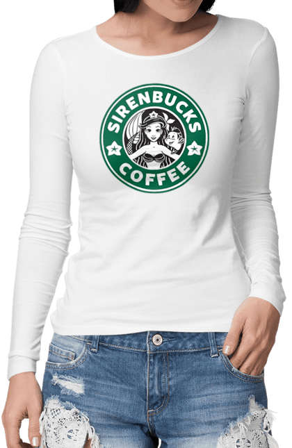 Жіночий лонгслів з принтом "Starbucks Русалонька". Дісней, кава, логотип, русалонька, старбакс. CustomPrint.market