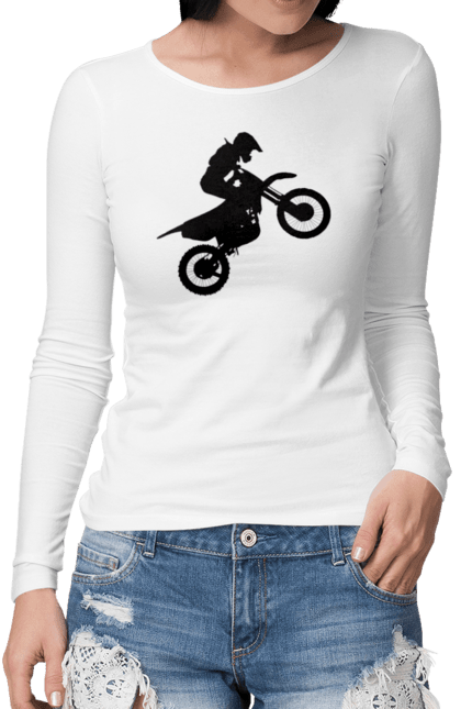 Жіночий лонгслів з принтом "Силует Мотоцикліста". Мотоцикл, мотоцикліст, шолом. CustomPrint.market