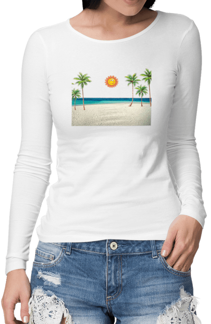 Жіночий лонгслів з принтом "Гавайський Пляж". Гаваї, літо, море, пальми, пляж, сонце. CustomPrint.market