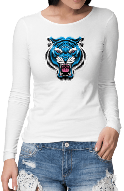 Жіночий лонгслів з принтом "Блакитний тигр". Блакитний тигр, голова тигра, тварини, тигр. futbolka.stylus.ua