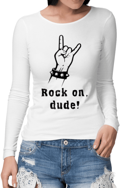 Жіночий лонгслів з принтом "Запали Рок, Чувак!". Грай, давай, движ, заклик, коза, музика, напрямок, пали, пальці, панк рок, рок, рок н ролл, рука, рух, символ, стиль, стильний, субкультура, схвалення, хард рок. CustomPrint.market