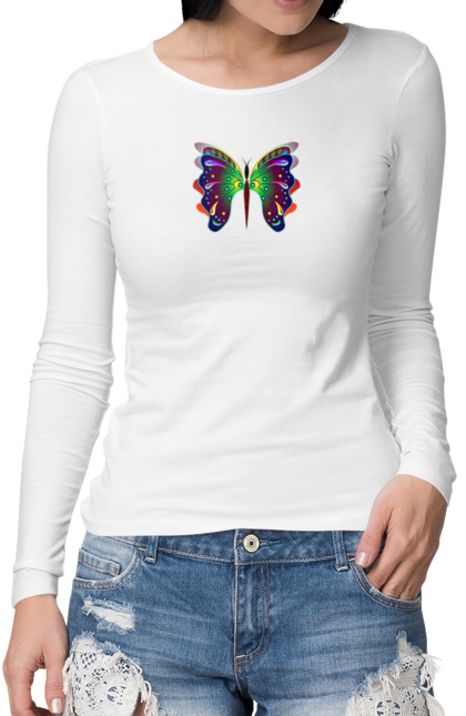 Жіночий лонгслів з принтом "Казковий метелик 2". Print, бабочка, детский, дизайн, сказочный, фантастический, футболки, яркий. CustomPrint.market