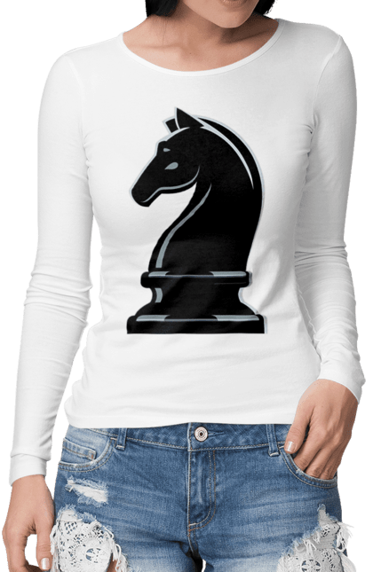 Жіночий лонгслів з принтом "Шаховий Кінь". Кінь, настільна гра, шахи. CustomPrint.market