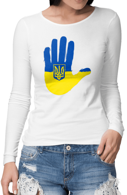 Жіночий лонгслів з принтом "Долоня українця". Війна, герб україни, долоня українця, патріот, прапор, рука, україна, українець. PrintMarket - інтернет-магазин одягу та аксесуарів з принтами плюс конструктор принтів - створи свій унікальний дизайн