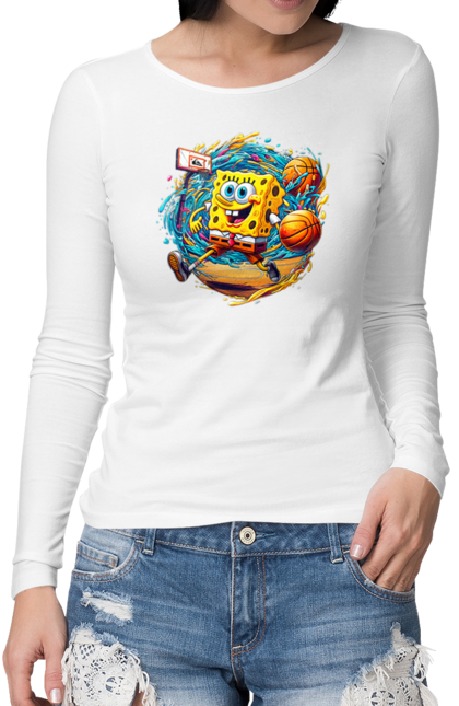 Жіночий лонгслів з принтом "Губка Боб". Spongebob, баскетбол, губка боб, м`яч, мультик, мультсеріал, спанч боб, спорт. 2070702