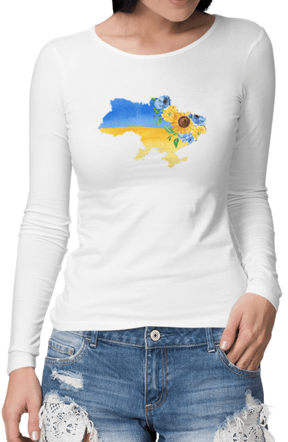 Жіночий лонгслів з принтом "Квітуча Україна  квіткова синьо жовта карта України". Карта україни, квіти, мапа україни, ми з україни, патріотична, патріотична футболка, прапор україни, україна. PrintMarket - інтернет-магазин одягу та аксесуарів з принтами плюс конструктор принтів - створи свій унікальний дизайн
