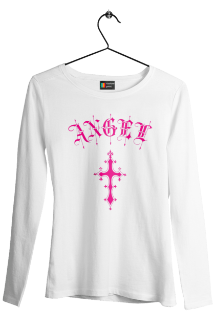 Жіночий лонгслів з принтом "Логотип Ангел". Готичний стиль, готичний шрифт, логотип, рожевий, хрест, хрестик, янгол. 2070702