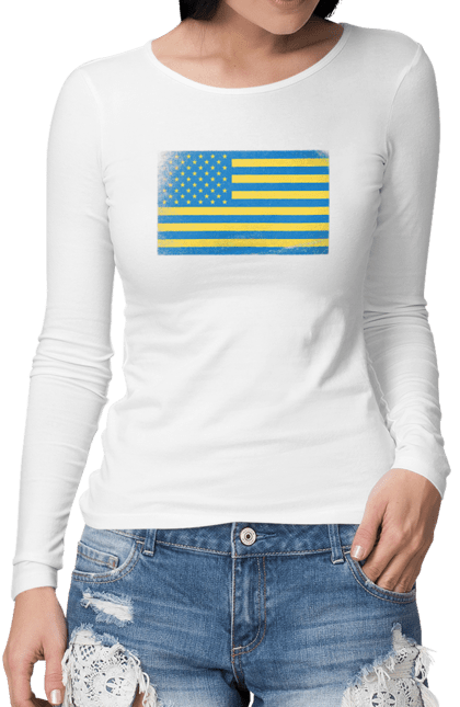 Жіночий лонгслів з принтом "Український прапор США". Америка, американський прапор, жовто-блакитний, жовто-блакитний прапор, національний, прапор америки, прапор україни, прикол, сполучені штати, сша, україна, український прапор. CustomPrint.market