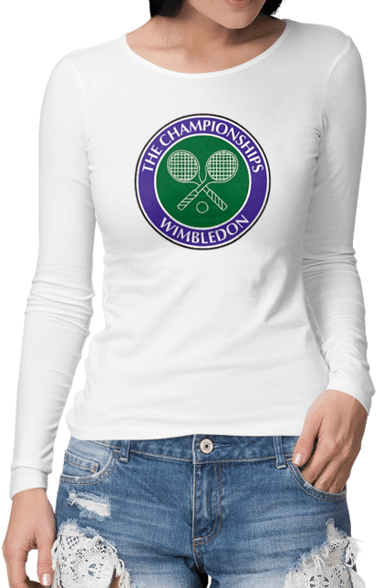 Жіночий лонгслів з принтом "Wimbledon тенісний турнір". Великий теніс, велокобритання, гравці, лондон, м`яч, призовий фонд, ракетка, спонсор, турнір на траві, турнірна сітка. aslan