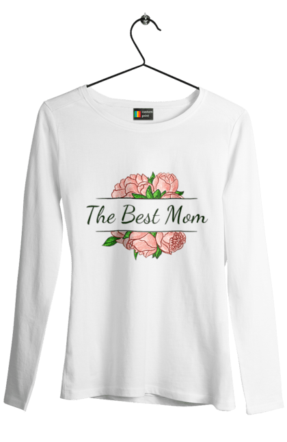 Жіночий лонгслів з принтом "Мама the best". День матері, квіти, мама, найкраща, напис, піони, подарунок, рожевий, свято. CustomPrint.market