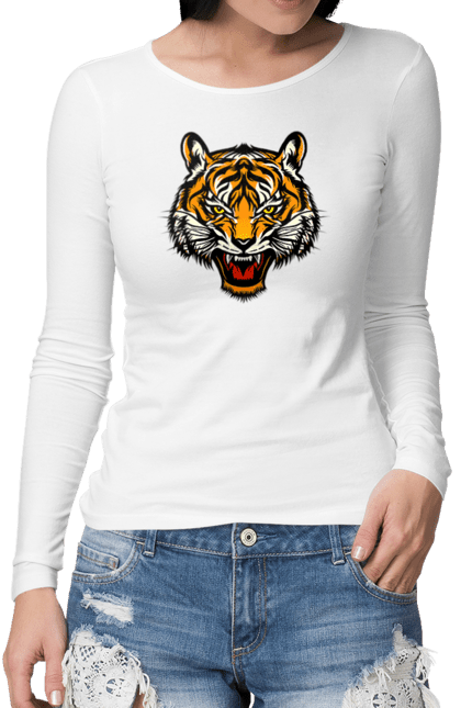Жіночий лонгслів з принтом "Голова жовтого тигра". Голова тигра, джунглі, жовтий тигр, тварини, тигр. futbolka.stylus.ua