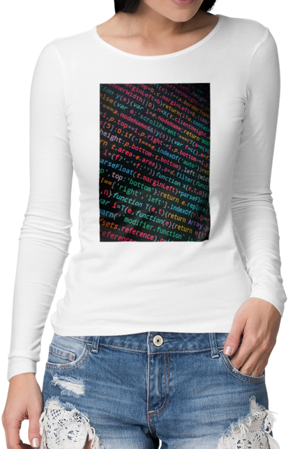Жіночий лонгслів з принтом "Код". Angular, c, css, html, it, javascript, jquery, php, python, react, svelt, vue, айтишник, айті, гумор, код, кодувати, прогер, програміст, програмісти, ти ж, ти ж програміст, тиж програміст. CustomPrint.market