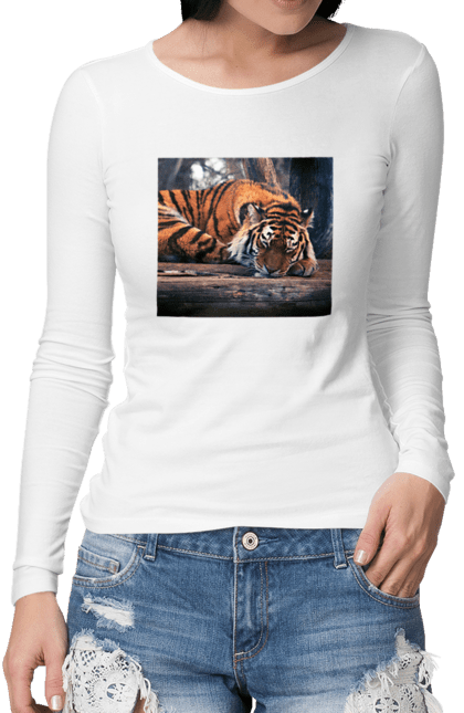 Жіночий лонгслів з принтом "Спящий тигр". Tiger, спящий, тигр, футболка біла, футболка з тигром. CustomPrint.market