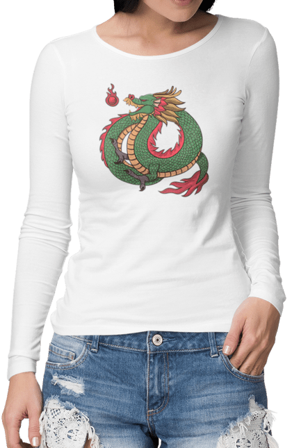 Women's longsleeve with prints The Dragon. Animal, chinese dragon, dragon, green dragon, symbol. 2070702