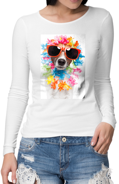 Жіночий лонгслів з принтом "Пес в окулярах і кольорах". В окулярах, квіти, пес, собака. futbolka.stylus.ua