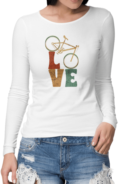 Жіночий лонгслів з принтом "Велосипед Love". Велик, вело, велогонщик, велосипед, велоспорт, велотуризм, спорт. futbolka.stylus.ua