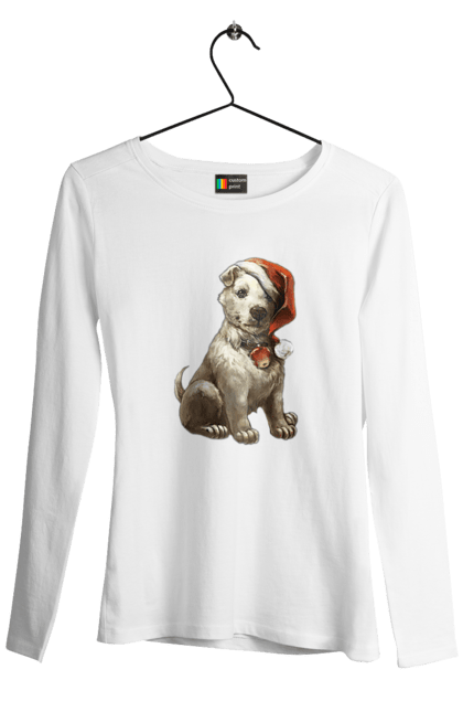 Жіночий лонгслів з принтом "Зимовий собака з новорічною шапкою". Зима, новий рік, різдво, сніг, собака. CustomPrint.market